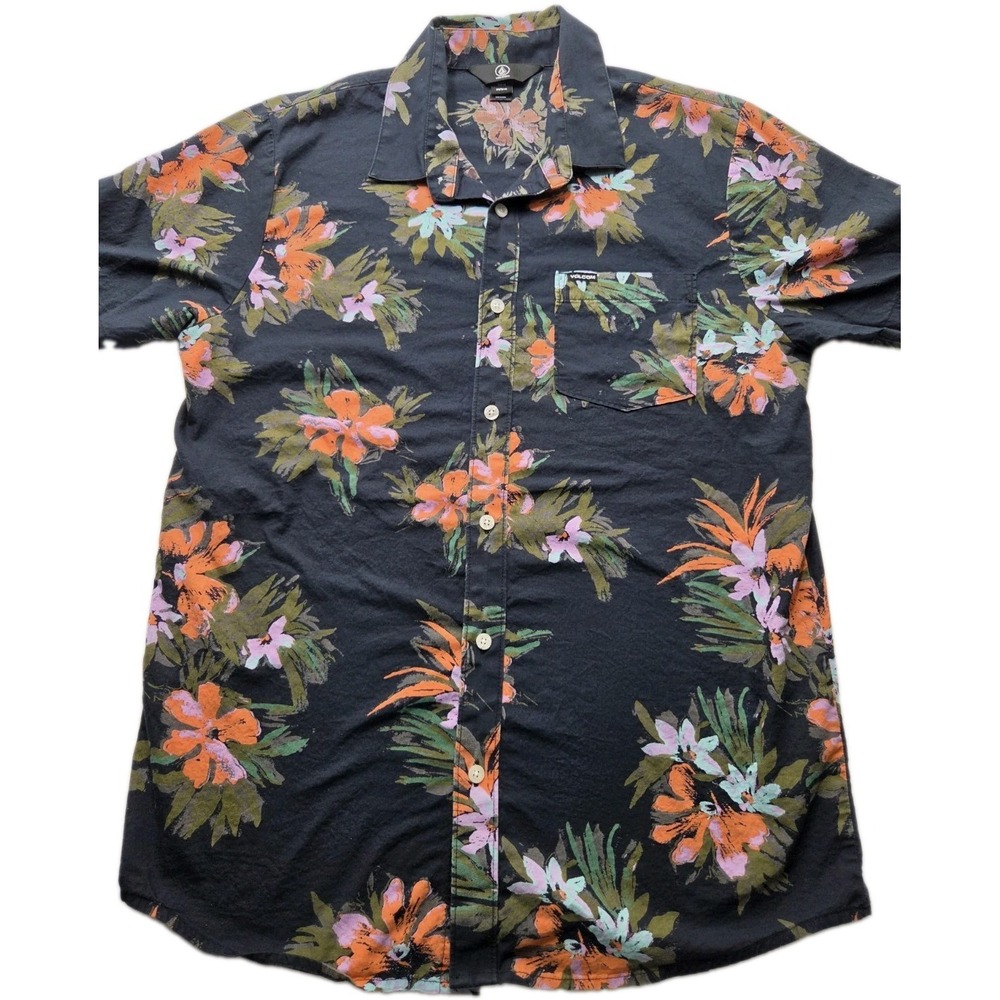 Volcom Men's M Floral Hawaiian Shirt Navy Orange Tropical Short Sleeve Button Up